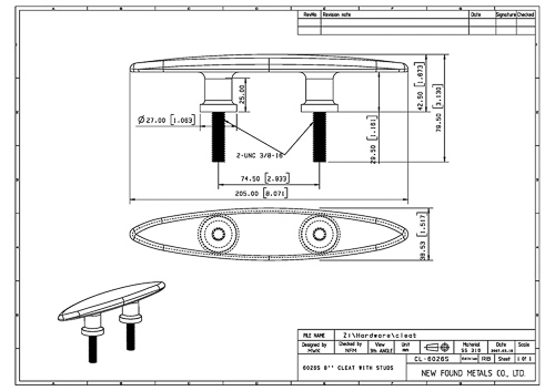 image of the 8" cleat with stud dimension drawing
