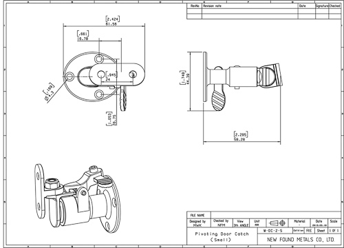 image of dimension drawing of small pivoting door catch