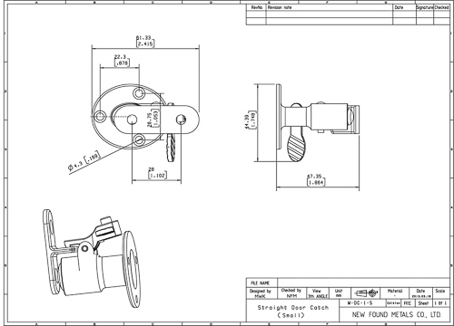 image of dimension drawing of small straight door catch